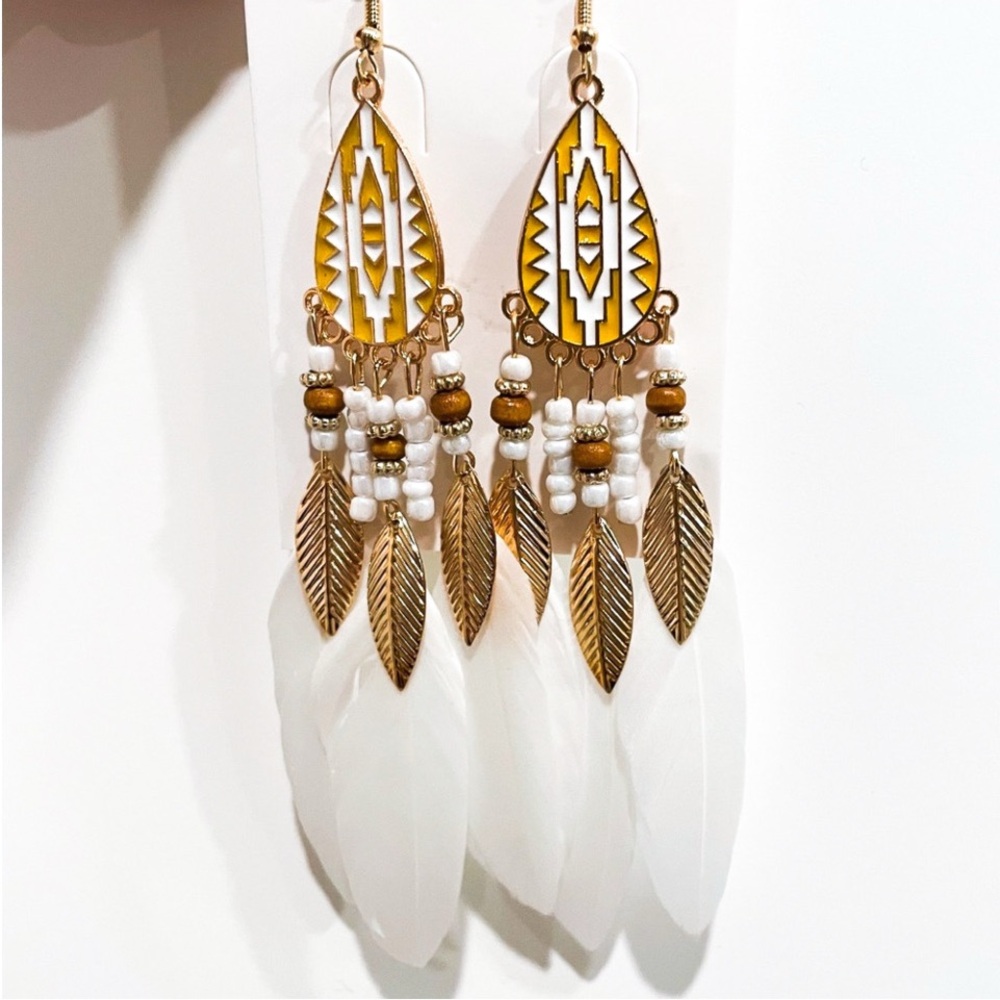 Gold and White Boho Western Feather Dangle Earrings - Picture 4 of 4